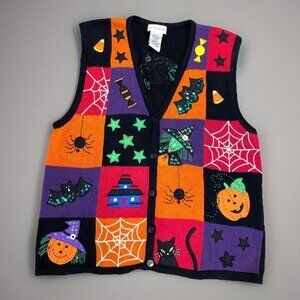 VTG Halloween Sweater Vest Size L Pumpkin Cat Beaded Embroidered Teacher Granny